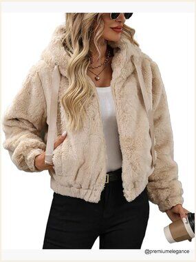 Faux Fur Crop Coat Fleece Sherpa Jacket with Hood Full Zip